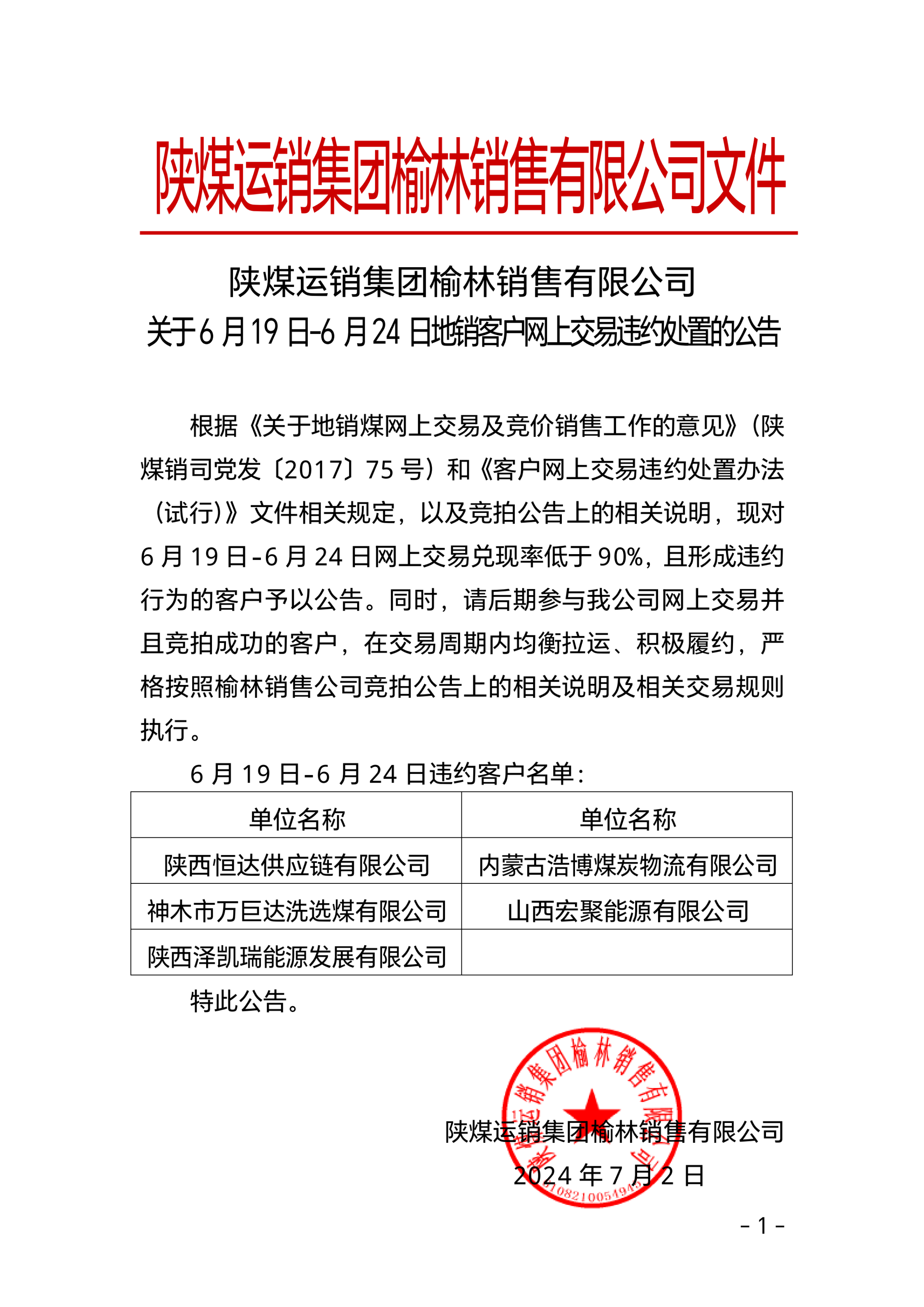 关于6月19日-6月24日地销煤网上交易客户履约情况的公告-榆林公司_00.png